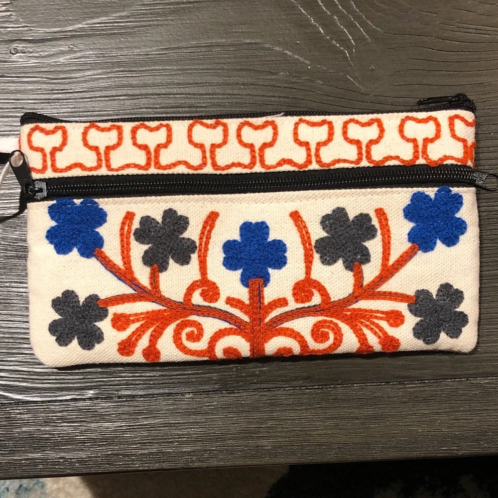 Embroidered Floral Canvas Wristlet Clutch in Cream, Blue & Orange